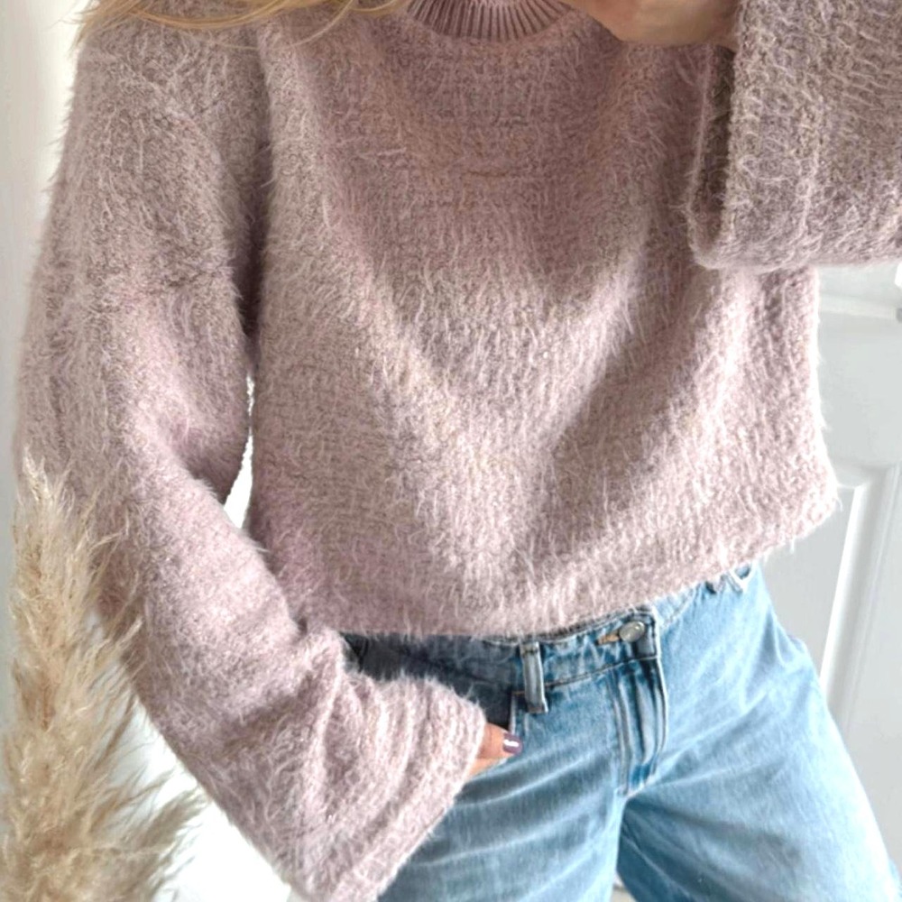 ZARA Womens Large Pink Purple Cropped Eyelash Sweater Bell Sleeve Metallic Shiny